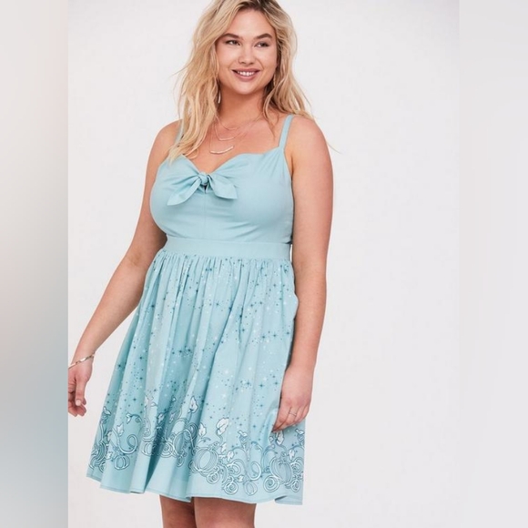Torrid Disney Cinderella Fairy Godmother Aqua Tie-Front Skater Dress - Picture 2 of 14